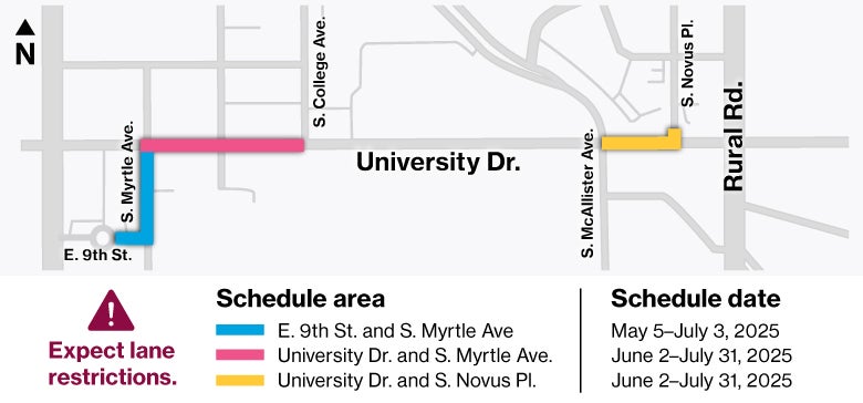 A map of the University Drive closures on the Tempe campus.