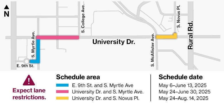 A map of the University Drive roadwork closures on the Tempe campus