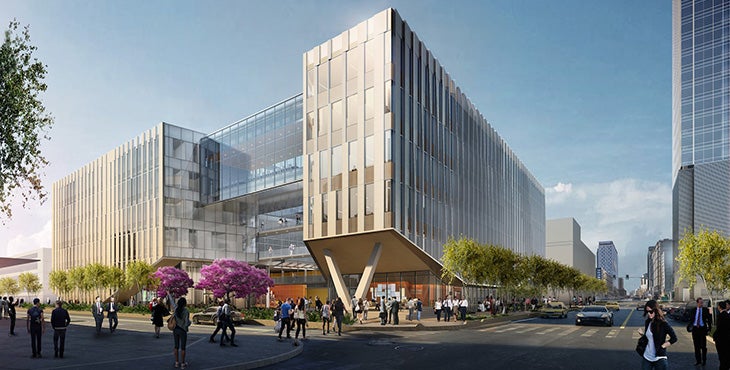 Rendering of Beus Center for Law and Society with workers and students bustling in the streets