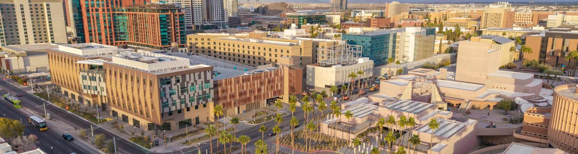 An aerial view of the west side of the Tempe campus showcasing buildings and streets. 