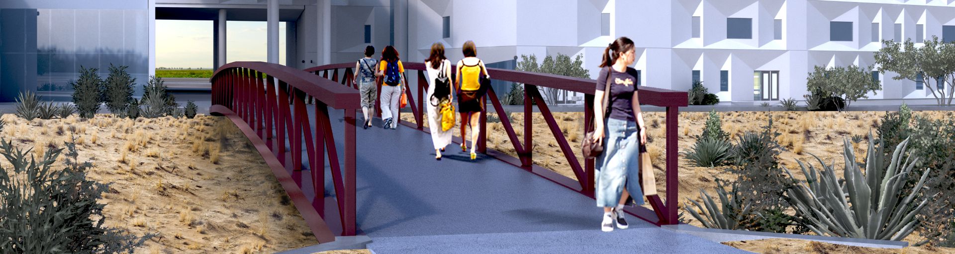 An artist's rendering depicting the new Health Futures Center Pedestrian Bridge with people walking across a desert wash between Mayo Clinic and ASU in Phoenix. 